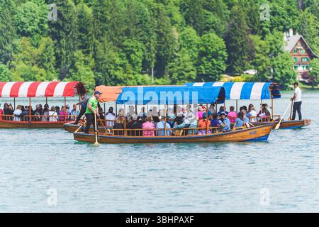 Touristen, die an einem sonnigen Tag eine traditionelle hölzerne Pletna-Bootsfahrt auf dem Bleder See in Slowenien genießen. Hochwertige Fotos Stockfoto