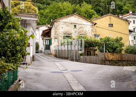 Rustikale Straßenszene in Vipava, Slowenien: Altes Steinhaus mit Holztüren und Einer Bank unter überhängenden grünen Weinbergen entlang Einer ruhigen, gewundenen Gasse in T Stockfoto