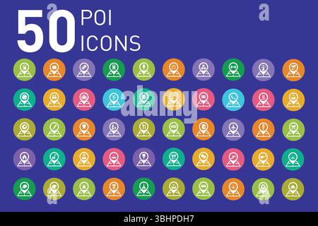 Vektorillustration von 50 Standortmarkierungen – POI-Symbole (Point of Interest) für Karten, Navigation und Reise-App Stock Vektor