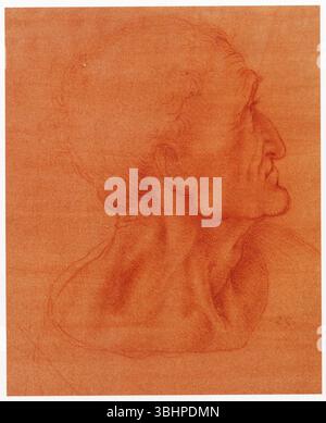 LEONARDO DA VINCI. STUDIEREN SIE FÜR DAS LETZTE ABENDESSEN. JUDAS. 1495. ROTE KREIDE AUF RÖTLICH VORBEREITETEM PAPIER. 180 MM X 150 MM Stockfoto