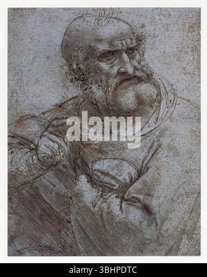 LEONARDO DA VINCI. LERNEN SIE FÜR DAS LETZTE ABENDESSEN. PETER . 1495. STIFT UND TINTE ÜBER METALPOINT AUF BLAU VORBEREITETEM PAPIER. 145 MM X 113 MM Stockfoto