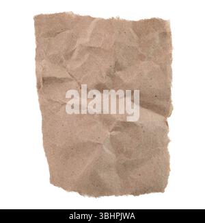 Zerknittertes leeres Blatt Kraftpapier, isoliert auf einem transparenten Hintergrund. Konzept für Büro und leeres Vintage-Papier Stockfoto