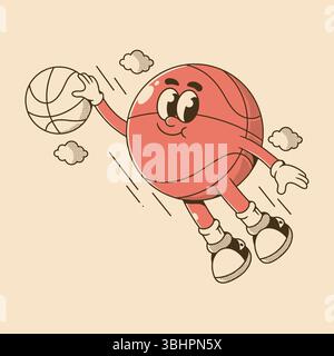 Verspielte Zeichentrickillustration einer fliegenden Basketballfigur mit einem lächelnden Gesicht, Handschuhen und Sneakers Stock Vektor