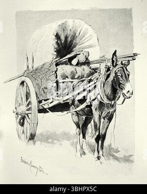 Kleiner Wagen mit zwei Rädern, gezogen von einem Maultier auf dem Oregon Trail, History of Wild West, Vintage Illustration, 19. Jahrhundert Stockfoto