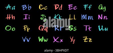 Buntes englisches Alphabet, handgezeichnet in einem Buntstift. Großbuchstaben und Kleinbuchstaben in Kreide, Pastellfarben oder Wachs. Textmarker-Effekt an Bord für Stock Vektor