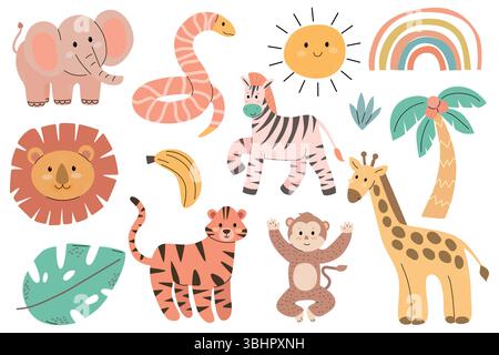 Bunte Zeichentricktiere, darunter ein Elefant, Löwe, Zebra, Tiger, Affe, und Giraffe, zusammen mit Sonne, Regenbogen und tropischen Pflanzen. Stock Vektor