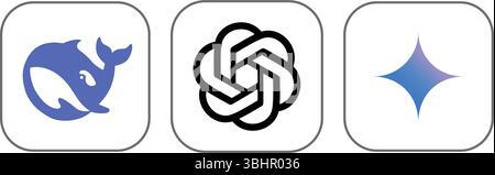 Satz von Symbolen für mobile Apps mit künstlicher Intelligenz auf transparentem Hintergrund, wie DeepSeek, ChatGPT und Gemini-Vektorillustration Stock Vektor