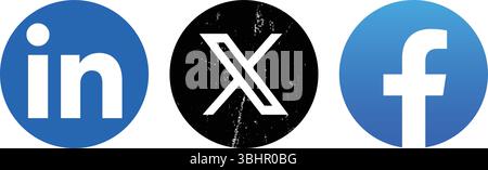 Set aus runden Symbolen für mobile Social-Media-Apps auf transparentem Hintergrund, wie LinkedIn, X und Facebook, Vektorillustration Stock Vektor