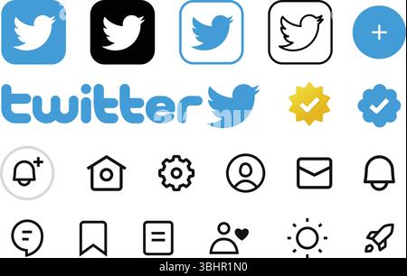Twitter-Set mit Symbolen und Logos für die Benutzeroberfläche der Mobile App. Sammlung von Vorlagen für Social Media-Schnittstellen. Illustrative redaktionelle Vektorillustration Stock Vektor