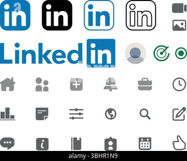 LinkedIn Satz von Symbolen und Logos für die Benutzeroberfläche der Mobile App. Sammlung von Vorlagen für Social Media-Schnittstellen. Illustrative redaktionelle Vektorillustration Stock Vektor