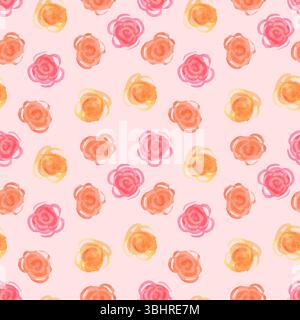 Nahtloses handgezeichnetes Aquarellmuster mit rosafarbenen, orangen, gelben Rosen Stockfoto