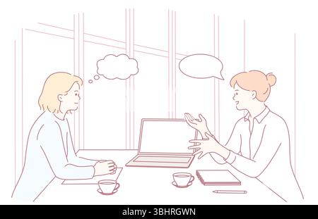 Zwei qualifizierte Fachleute führten während eines Meetings in einem modernen Büroumfeld ein durchdachtes und produktives Gespräch Stock Vektor
