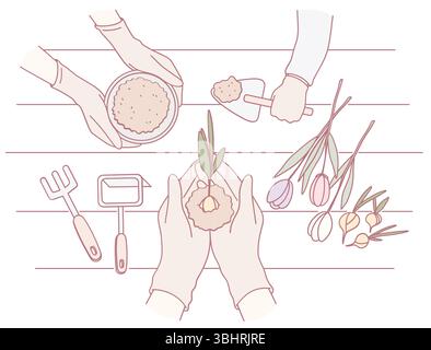 Eine wunderschön kreative Gartenszene, in der Hände bei der Arbeit, verschiedene Werkzeuge und lebendige Blumen gezeigt werden Stock Vektor