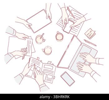 Eine Topdown-Ansicht zeigt verschiedene Hände, die verschiedene Geräte verwenden, und veranschaulicht die Teamarbeit in einem modernen Arbeitsbereich Stock Vektor