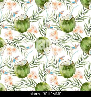 Kokosnussgetränk, Palmblätter und Plumerieblüten nahtloses Muster. Handgezeichnete Aquarellillustration isoliert. Für Grußkarten, Einladungen Stockfoto