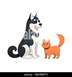 Alaska Malamute Hund mit roter Katze Cartoon Illustration. Glücklicher Husky-Hund sitzt mit Katze. Tierhandlung, Tierarzt-Klinik-Charaktere. Vektorabbildung. Reisen mit Haustieren Konzept. Flaches Design Stock Vektor
