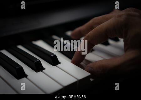 Nahaufnahme der Finger eines männlichen Pianisten, der die schwarz-weißen Tasten eines E-Pianos drückt. Stockfoto