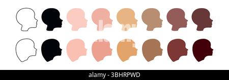 Set verschiedener menschlicher Gesichter in Profilsilhouetten und Kontur mit verschiedenen Hauttönen. Konzept der Vielfalt, Inklusivität, Ethnizität, Gleichheit, Menschen. Kollektion für Design. Weißer Hintergrund. Stock Vektor