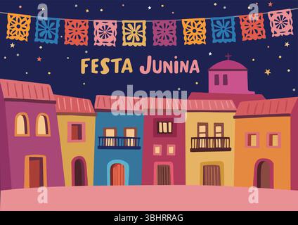 Festa Junina, brasilianische juni-Party-Grußkarte, Einladung. Sao Joao lateinamerikanischer Urlaub. Papel Picado Fahnen Girlanden, Häuser Sterne Stock Vektor