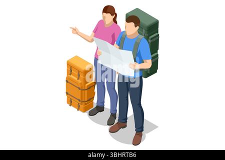 Isometrische Abbildung von zwei Rucksacktouristen mit Trekkingstöcken, die eine große topografische Karte mit Positionsnadeln studieren und ihre Wanderung planen Stock Vektor