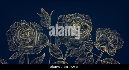 Vektorlinie goldene Rosen Hintergrund, elegante Blumen japanische Illustration, Natur Blumenblüte verziert. Romantische Gartentapete. Stock Vektor