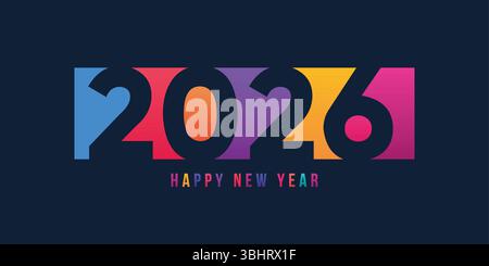 „Happy New Year 2026“-Design mit bunten abgeschnittenen Zahlen. 2026 Logo Stock Vektor