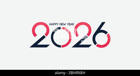 Happy New 2026 Year Logo mit minimalem Textdesign, isoliert auf Blau. Banner, Poster, Kopfzeile und Kartenvorlage Stock Vektor