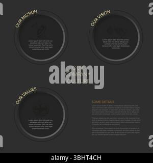 Diese Grafik zeigt wichtige Elemente der Unternehmenskultur wie Mission, Vision und Werte. Er beschreibt die Details der Unternehmensstrategie, die für die geschäftliche Überwachung von Bedeutung sind Stock Vektor