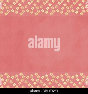 Quadratische Blumenschablone im japanischen Stil. Kleine Kirschblütenmuster in Gold auf einem rosafarbenen japanischen Papierhintergrund Stockfoto