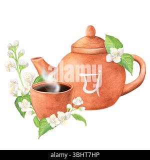 Teekanne aus Terrakotta-Ton und eine Teetasse mit heißem Tee und Herzchakra-Symbol auf Sanskrit. Elegante Jasminzweige und Zweige mit weißen Blüten und gre Stockfoto