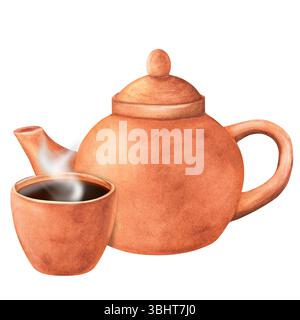 Teekanne aus Terrakotta und Teetasse voller heißem Tee. Clipart für orientalische Teezeremonie. Handgezeichnete Aquarellillustration isoliert. Für Postkarren Stockfoto