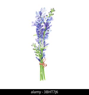 Lavendelzweige in Aquarellfarben mit blauen Fliederblüten. Handgezeichnete Illustration duftender aromatischer Pflanzen für Aromatherapie, Heilchakren, Kräuter Stockfoto