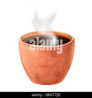 Wasserfarben Terrakotta Ton Teetasse voller heißem Tee. Clipart für orientalische Teezeremonie. Handgezeichnete Aquarellillustration isoliert. Für Postkarten, Menü, ich Stockfoto