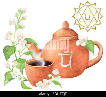 Teekanne aus Terrakotta-Ton und eine Teetasse mit heißem Tee und Herz-Chakra-Symbol. Jasminzweige mit weißen Blüten und Blättern. Goldenes Herz-Chakra Anahat Stockfoto