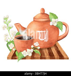 Teekanne aus Terrakotta-Ton und eine Teetasse mit heißem Tee auf einem Holztablett. Herzchakra-Symbol auf Sanskrit. Eleganter Jasmin mit weißen Blumen und grünem Blatt Stockfoto