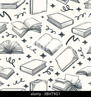 Nahtloses Muster mit handgezeichneten offenen und geschlossenen Büchern auf weißem Hintergrund. Illustration von Vektorskizzen für Bildung, Bibliothek, Buchhandlung oder Lesen Stock Vektor