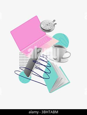 Spielerische konzeptionelle Kunstwerke. Pinkfarbene Laptops mit Stoppuhr, Telefon, Kaffeetasse und offenem Buch zeigen wichtige Elemente einer gezielten, zeitgesteuerten Lernroutine in Stockfoto