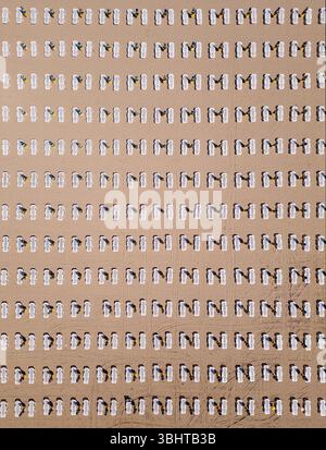 Von oben aus blickt man auf perfekt ausgerichtete Liegestühle und Sonnenschirme auf sandigem Boden. Sich wiederholende geometrische Muster erzeugen ein minimalistisches und Stockfoto