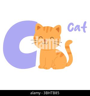 Ein lächelndes orangefarbenes Kätzchen sitzt neben einem großen Buchstaben c in einer farbenfrohen lehrreichen Illustration Stock Vektor