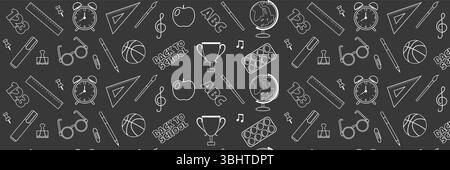 Nahtlos wiederholtes Muster von Schulmaterialien auf dunklem Hintergrund. Kreidezeichnungen auf dem Schulbrett. Stock Vektor