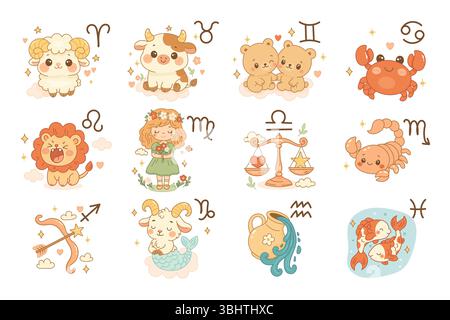 Bezauberndes Sternzeichen-Illustration-Set mit zwölf entzückenden Zeichentricksymbolen in einer weichen Pastellpalette für Kinder und Dekor. Stock Vektor