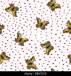 Nahtloses Muster mit lustigen bunten Schmetterlingen und Blumen. Farbige flache Vektordarstellung für Einladung, Poster, Karte, Textil, Stoff. Schmetterling Stock Vektor