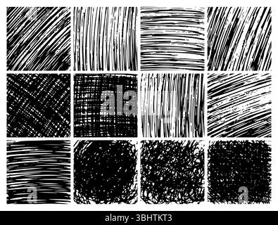 Quadrate handgezeichnet Scribble groß Set. Satz abstrakter monochromer Kritzelhintergründe. Vektorabbildung Stock Vektor