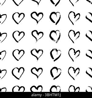 Nahtloses Muster mit handgezeichneten Herzen. Doodle Grunge schwarze Herzen auf weißem Hintergrund. Vektorabbildung. Stock Vektor
