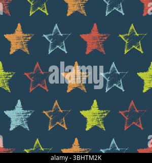 Nahtloses Muster mit handgezeichneten bunten Sternen auf dunklem Hintergrund. Abstrakte Grunge-Textur. Vektorabbildung Stock Vektor