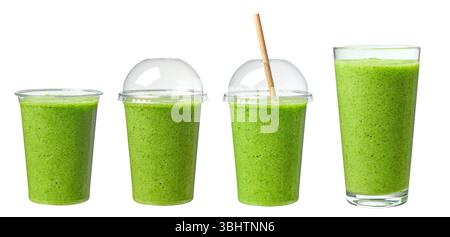 Verschiedene Gläser und Tassen mit grünem Spinat und Bananen Smoothie isoliert auf weißem Hintergrund Stockfoto
