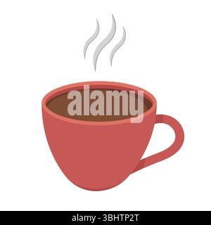 Heiße Kaffeetasse mit Dampf Vektor Illustration. Eine einfache und moderne flache Vektor-Illustration einer roten Kaffeetasse gefüllt mit heißem braunem Kaffee. Stock Vektor