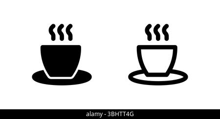 Café-Symbol-Set. Eine schwarze Glyphe und ein umrissenes Symbol einer Kaffeetasse, das ein Café oder ein Restaurant darstellt. Stock Vektor