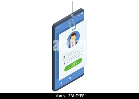 Isometrischer Vektor eines eingehackten Anmeldeformulars, der durch einen Fischhaken aus einem offenen gelben Umschlag gezogen wird, symbolisiert den Diebstahl von Anmeldedaten für Hacker und betrügerisches Phishing Stock Vektor