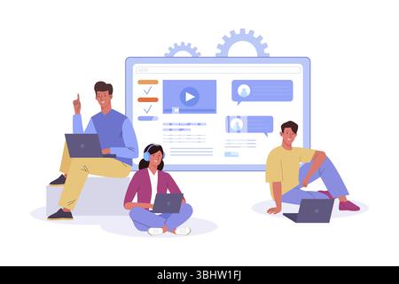 Junge Menschen, die in unterschiedlichen Positionen sitzen und mit dem Laptop arbeiten oder studieren. Konzept des Online-Fernunterrichts, E-Learning durch Webinar-Training, Video Stock Vektor